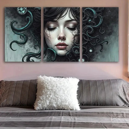 3pcs Long Woman Portrait With Teal Hair Wall Art Set Canvas Framed 50x70cm - High Quality Print 100% Australian Made Wall Canvas Ready to Hang