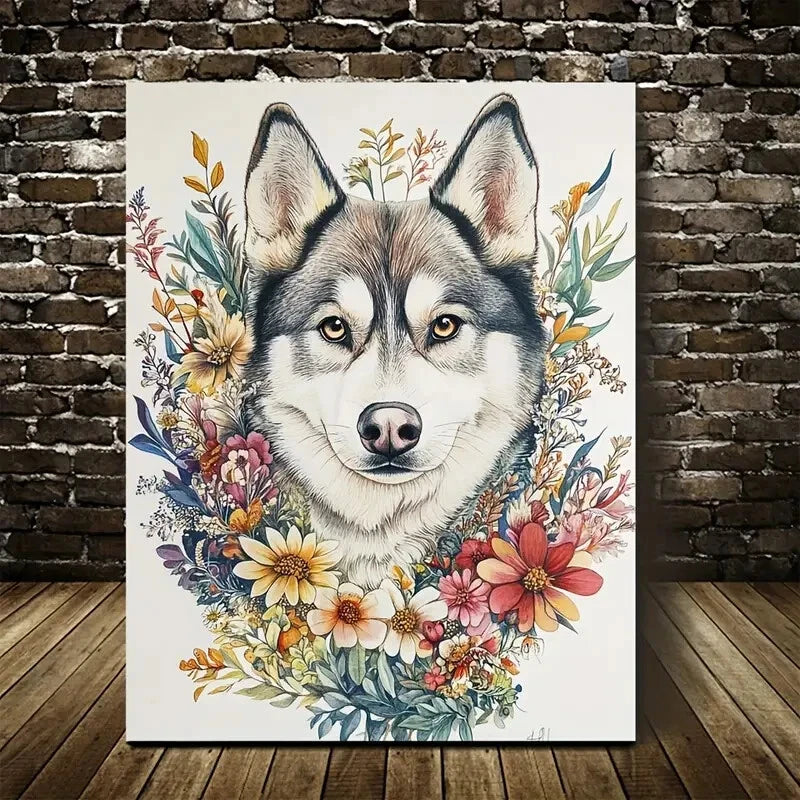 Cute Siberian Husky with Vibrant Floral Painting 40x60cm Metal Print Ready to Hang - Bella Home Decor