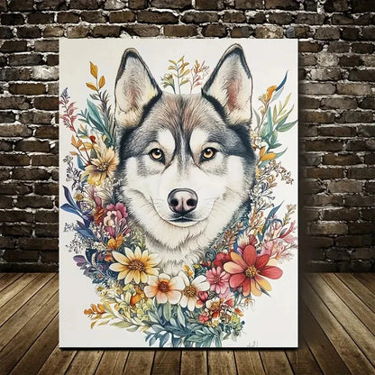 Cute Siberian Husky with Vibrant Floral Painting 40x60cm Metal Print Ready to Hang - Bella Home Decor