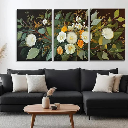 3pcs White & Yellow Blossoms with Green Perfect Wall Art Canvas Unframed - High Quality Print 100% Australian Made Wall Canvas