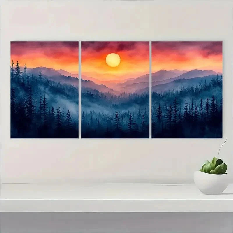 3pcs Watercolor Mountain Sunset Landscape Metal Print Ready to Hang Art - Bella Home Decor