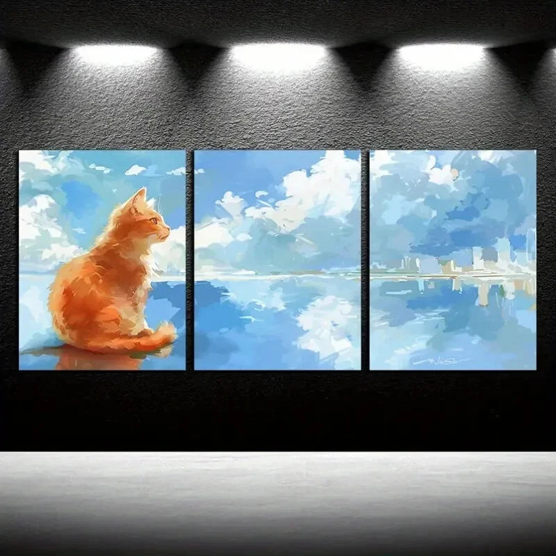 3pcs Serene Seascape with Playful Cat Metal Print Ready to Hang Art - Bella Home Decor
