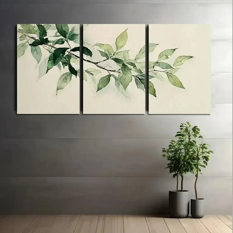 3pcs Watercolor Green Leaves on Branch Art Metal Print Ready to Hang Art