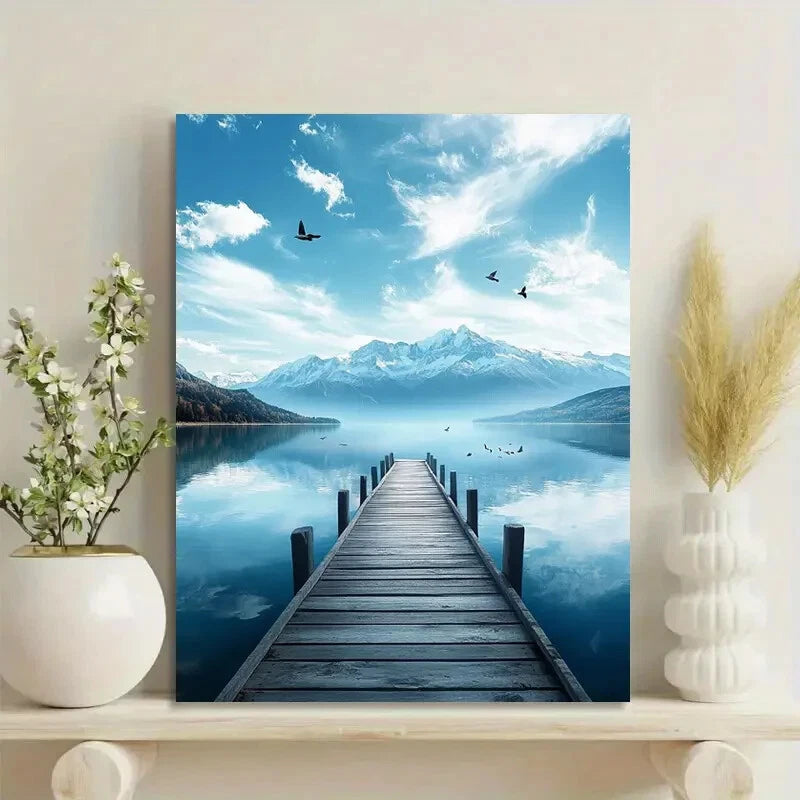 Wooden Bridge Leading To The Lake, Blue Sky And White 40x60cm Metal Print Ready to Hang