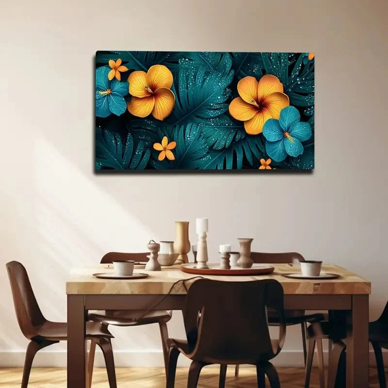 Vibrant Yellow Flowers On Dark Wall Art Canvas Office Home Room Framed 120x60cm