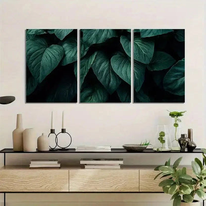 3pcs Botanical Leaf Art Paintings - Dark Green Metal Print Ready to Hang Art - Bella Home Decor