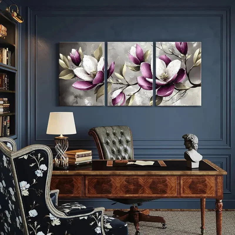 3pcs Set of Elegant Magnolia Floral Metal Print Ready to Hang Art - Bella Home Decor