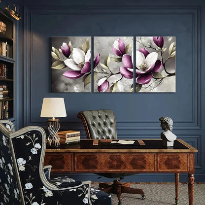 3pcs Set of Elegant Magnolia Floral Metal Print Ready to Hang Art - Bella Home Decor