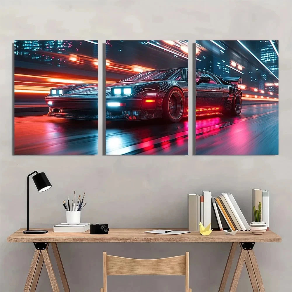 3pcs Midnight Drive Black Sports Car Metal Print Ready to Hang Art - Bella Home Decor