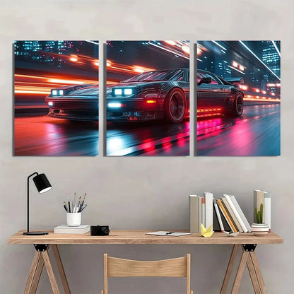 3pcs Midnight Drive Black Sports Car Metal Print Ready to Hang Art - Bella Home Decor