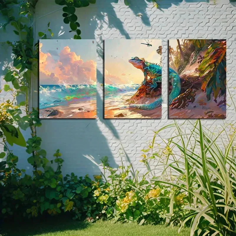 3pcs Vibrant Ocean Sunset Lizard Metal Print Ready to Hang Art - Bella Home Decor