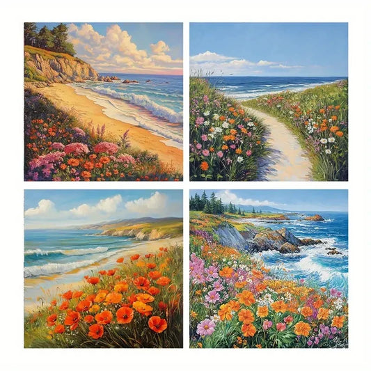 4pcs Beach & Wildflower Canvas  Wall Art Canvas Framed