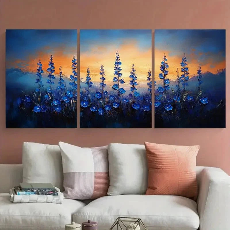 3pcs Bluebell Flowers Impasto Rustic Illustration Metal Print Ready to Hang Art - Bella Home Decor