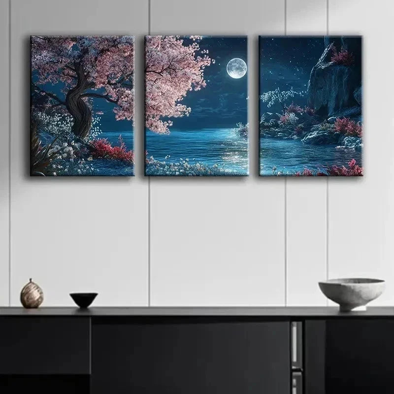 3pcs Pink Blossom Tree and Moon Wall Art Set Canvas Framed 60x90cm - High Quality Print 100% Australian Made Wall Canvas Ready to Hang