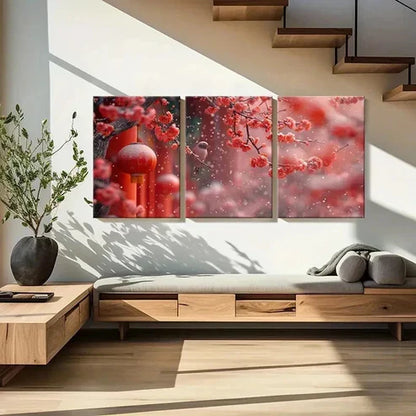 3pcs Red Festive Plum Blossoms Chinese Wall Art Set Canvas Unframed - High Quality Print 100% Australian Made Wall Canvas