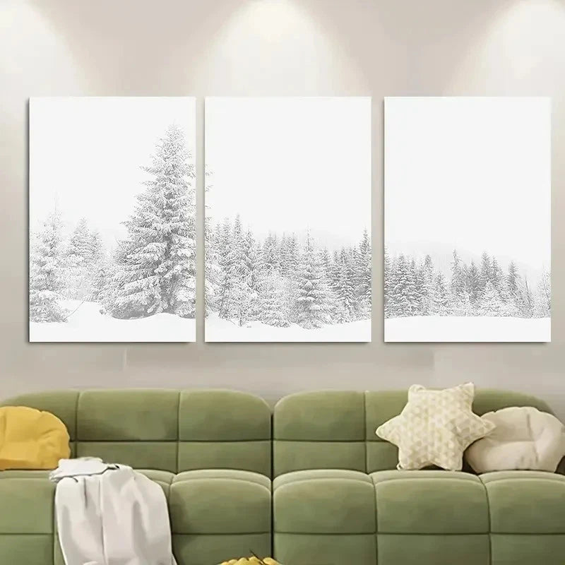 3pcs Snowy Landscape with Tall Evergreen Trees Metal Print Ready to Hang Art