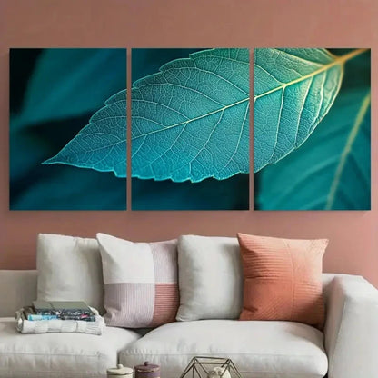 3pcs Vibrant Turquoise Green Veins Macro Leaf Metal Print Ready to Hang Art - Bella Home Decor