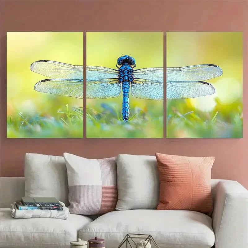 3pcs Stunning Blue Clear Dragonfly on Grass Metal Print Ready to Hang Art - Bella Home Decor