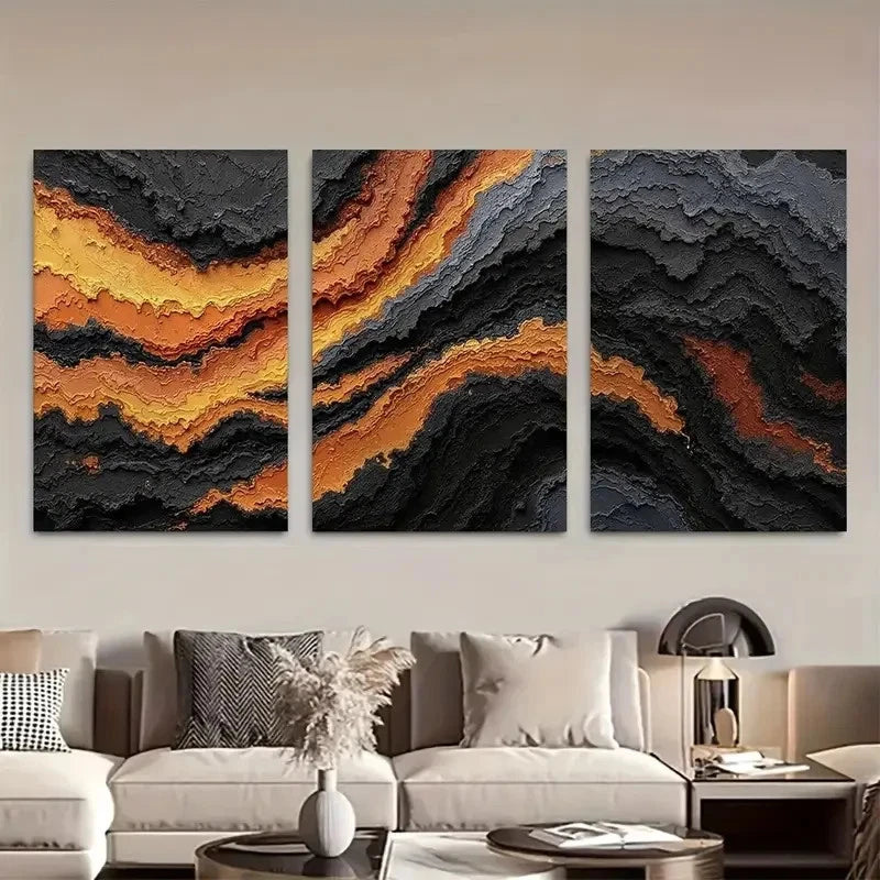 3pcs Black Golden & Burnt Orange Wall Art Metal Print Ready to Hang Art - Bella Home Decor
