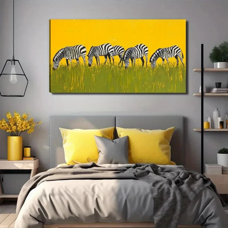 Zebra Grassland Yellow Wall Art Canvas Office Home Room Framed 120x60cm