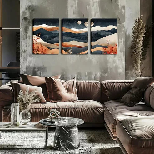 3pcs Layered Mountain, Two Moons Wall Art Canvas Unframed - High Quality Print 100% Australian Made Wall Canvas