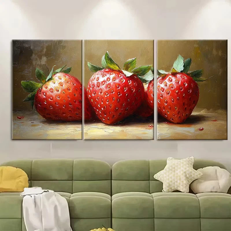 3pcs Strawberry Realistic Food Painting Metal Print Ready to Hang Art