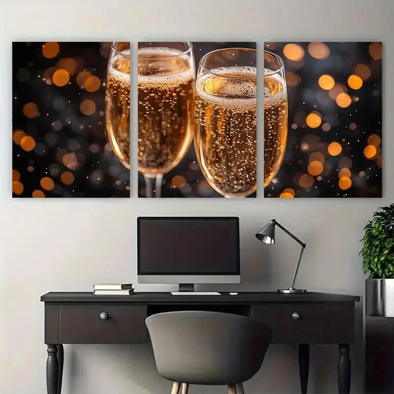3pcs Champagne Fireworks Celebration Design Metal Print Ready to Hang Art - Bella Home Decor