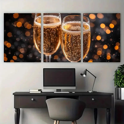 3pcs Champagne Fireworks Celebration Design Metal Print Ready to Hang Art - Bella Home Decor