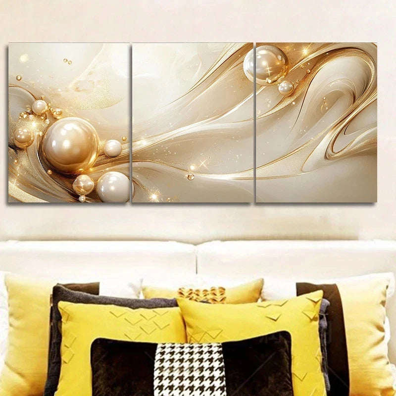 3pcs Golden and Beige Luxurious Swirl Metal Print Ready to Hang Art - Bella Home Decor