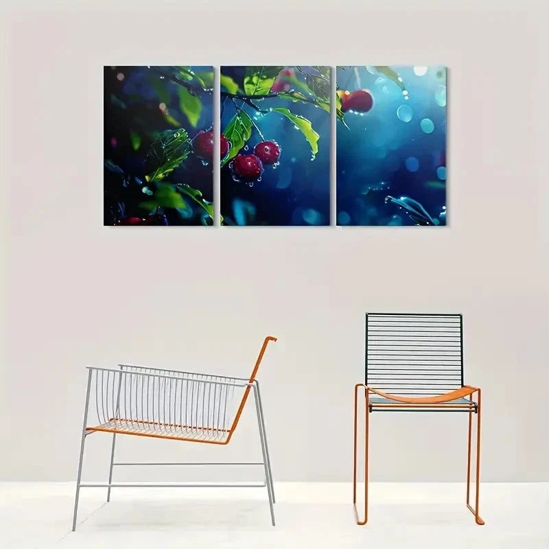3pcs Glowing Berry Modern Water Droplets Effect Metal Print Ready to Hang Art - Bella Home Decor
