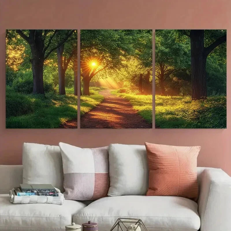 3pcs Rural Forest Pathway Sunlit Trees Metal Print Ready to Hang Art - Bella Home Decor
