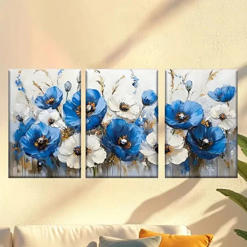 3pcs Painting of Blue Flowers on a White Wall Art Canvas Unframed – High Quality Print 100% Australian Made Wall Canvas
