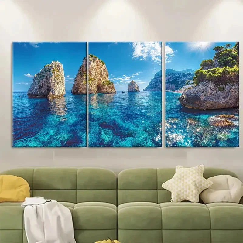 3pcs Deep Blue Seascape LO Wall Art Set Canvas Framed 50x70cm - High Quality Print 100% Australian Made Wall Canvas Ready to Hang - Bella Home Decor