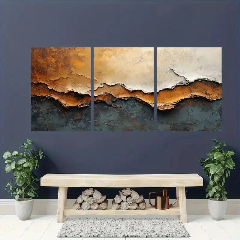 3pcs Brown Acrylic Abstract Texture Painting Metal Print Ready to Hang Art - Bella Home Decor