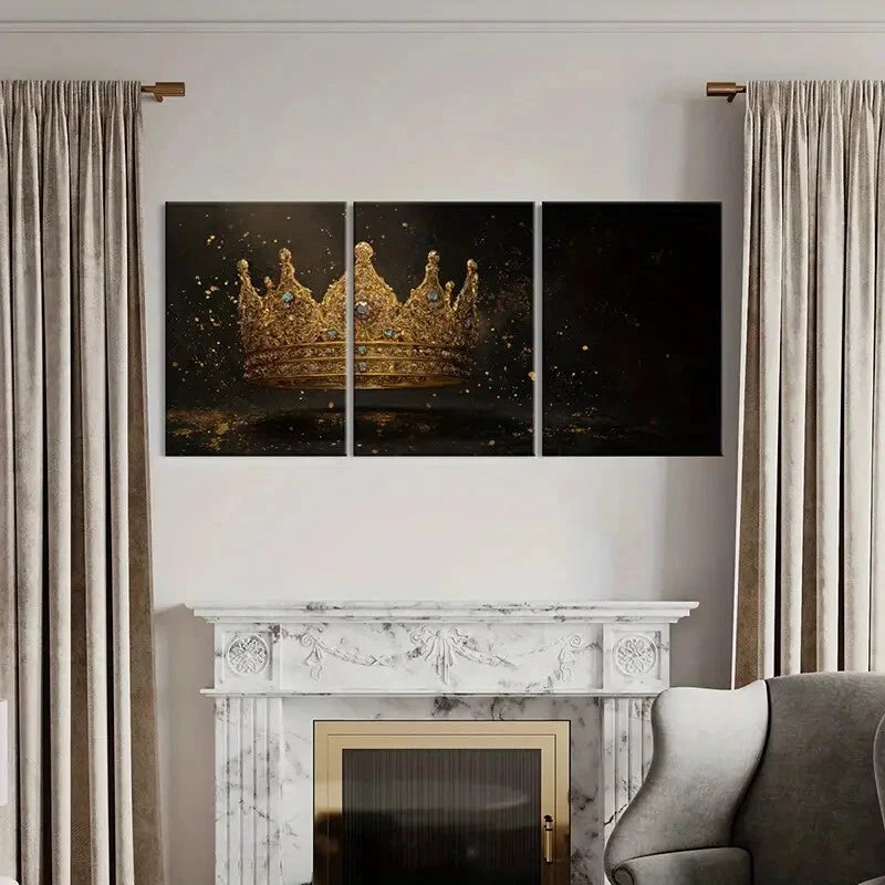 3pcs Golden Crown Jewels Royal Luxury Metal Print Ready to Hang Art - Bella Home Decor