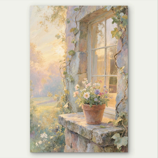 Vintage Cottage Window and Flower Pot Painting 40x60cm Metal Print Ready to Hang