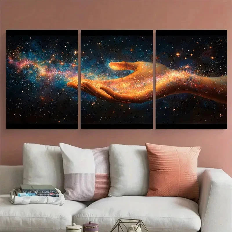 3pcs Cosmic Friendship Hand Holding Galaxy Design Metal Print Ready to Hang Art - Bella Home Decor