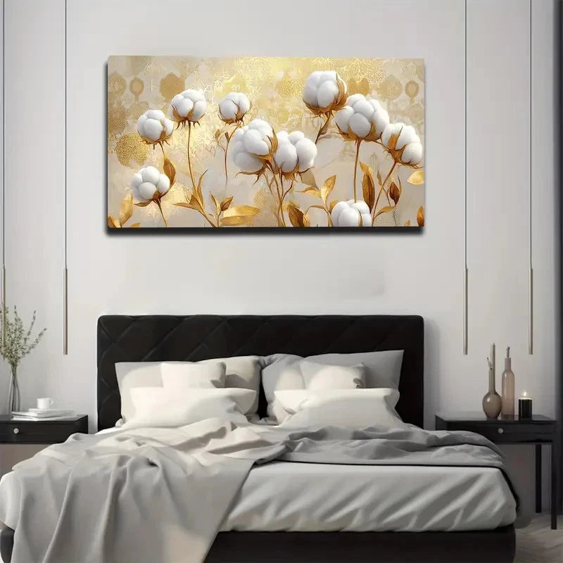 Decorative painting of white flowers and gold elements above a bed in a bedroom setting.