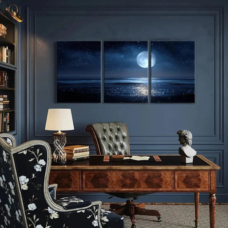 3pcs Moonlit Ocean Night Sky Stars Reflections Metal Print Ready to Hang Art - Bella Home Decor