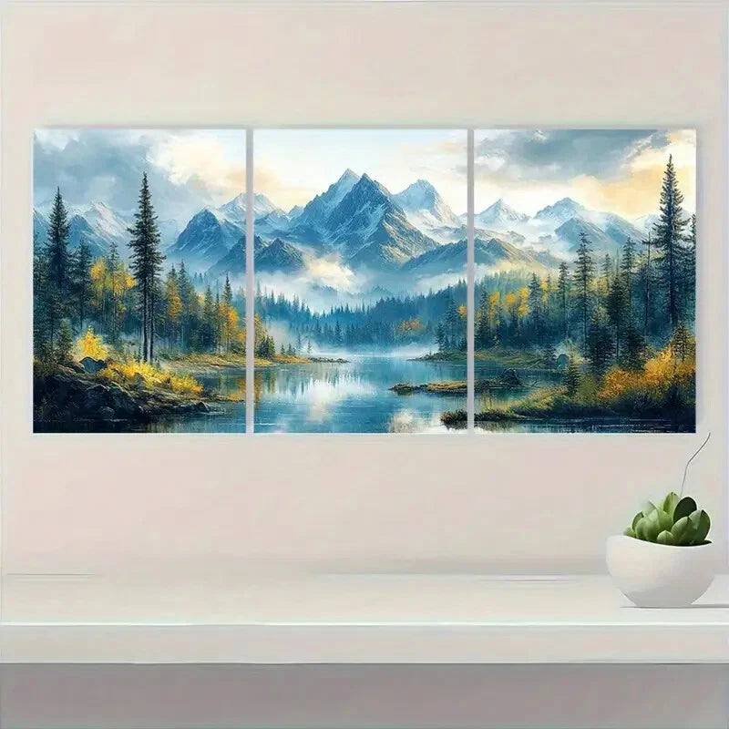 3pcs Mountain Triptych Rustic Forest Landscape Metal Print Ready to Hang Art - Bella Home Decor