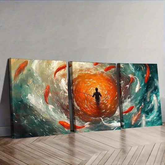 3pcs Fisherman, koi Nature Wall Art Set Canvas Framed 40x60cm - High Quality Print 100% Australian Made Wall Canvas Ready to Hang