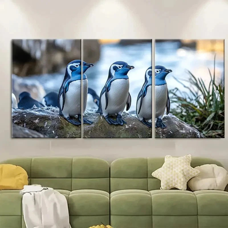3pcs Blue Penguin Colony Oamaru Wall Art Set Canvas Framed 60x90cm - High Quality Print 100% Australian Made Wall Canvas Ready to Hang - Bella Home Decor