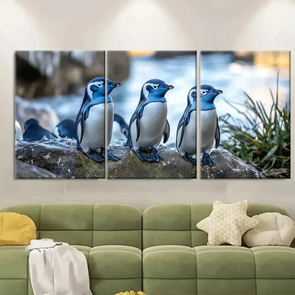 3pcs Blue Penguin Colony Oamaru Wall Art Set Canvas Framed 60x90cm - High Quality Print 100% Australian Made Wall Canvas Ready to Hang - Bella Home Decor