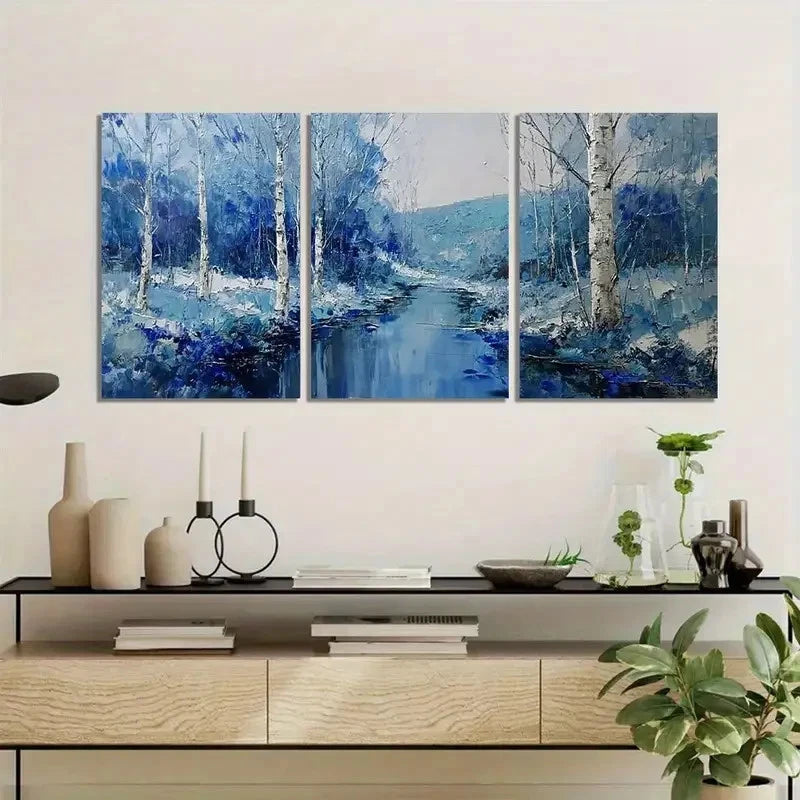 3pcs Abstract Splashes of Blue and White Metal Print Ready to Hang Art - Bella Home Decor