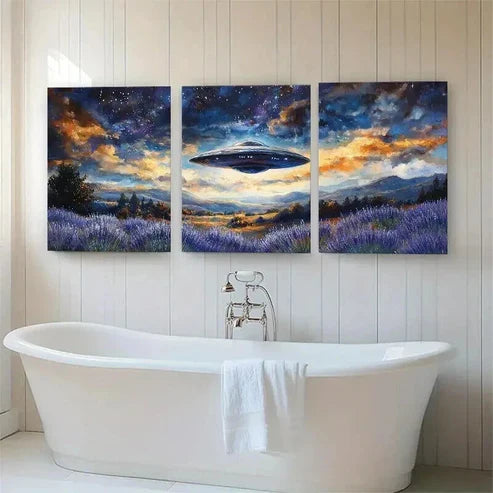 3pcs UFO Spaceship Over Lavender Field Perfect Wall Art Canvas Unframed - High Quality Print 100% Australian Made Wall Canvas