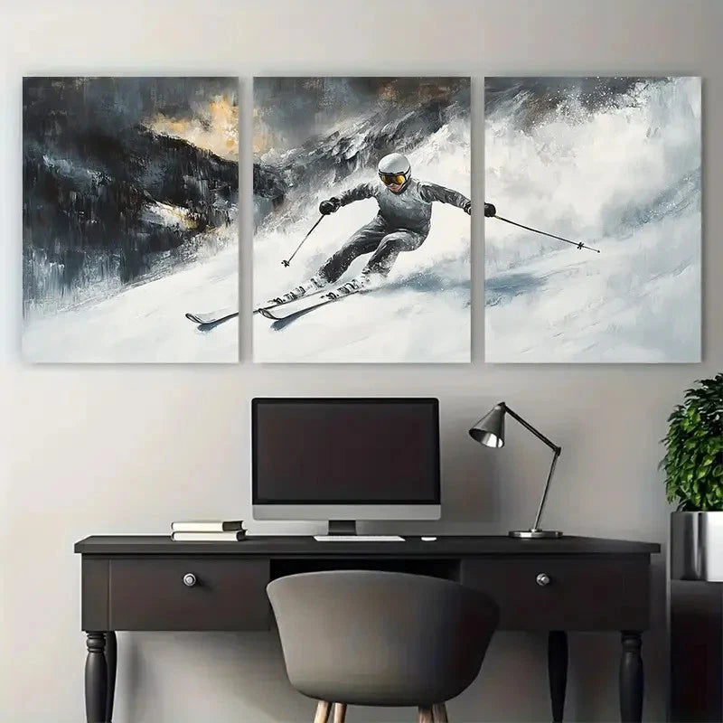 3pcs Skiing Sport Gift Skier on Snowy Mountain Wall Art Set Canvas Framed 40x60cm - High Quality Print 100% Australian Made Wall Canvas Ready to Hang