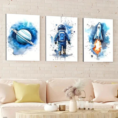 3pcs Modern Cosmic Art Space Rocket Blue & Fire Wall Art Set Canvas Unframed - High Quality Print 100% Australian Made Wall Canvas