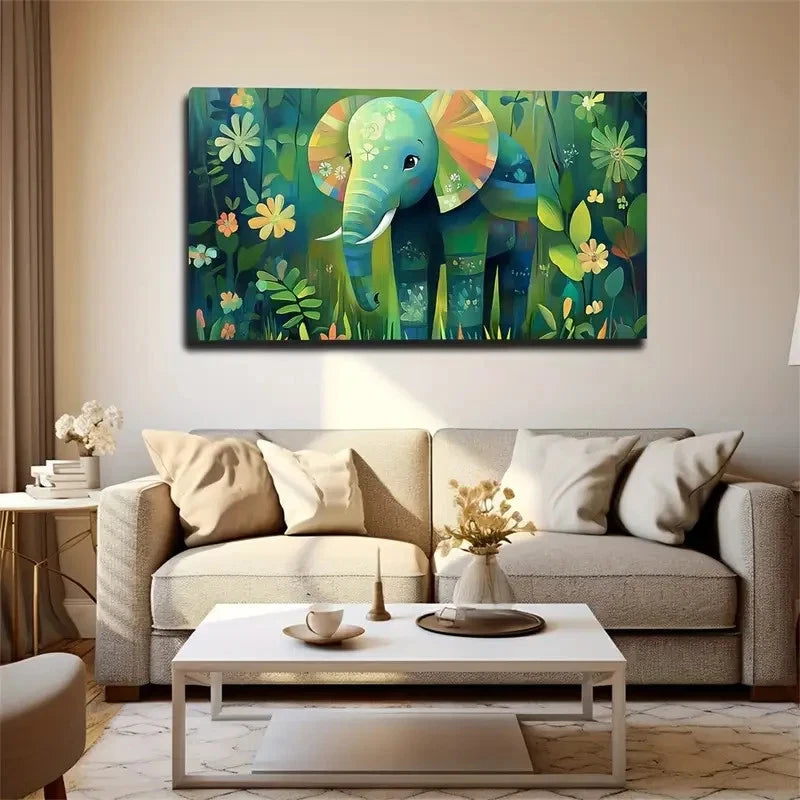 Elephant Vibrant Cartoon-Style Wall Art Canvas Office Home Room Framed 120x60cm