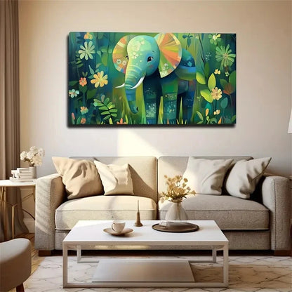 Elephant Vibrant Cartoon-Style Wall Art Canvas Office Home Room Framed 120x60cm