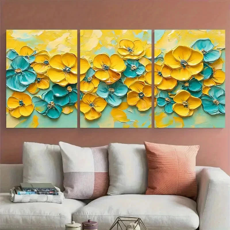 3pcs Vibrant Yellow Floral Abstract Textured Metal Print Ready to Hang Art - Bella Home Decor